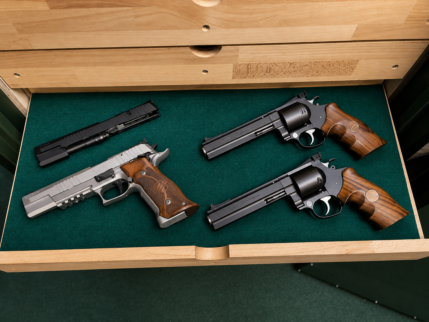 Sportpistole und zwei Revolver mit Holzgriffschalen in einer ausgezogenen Schublade