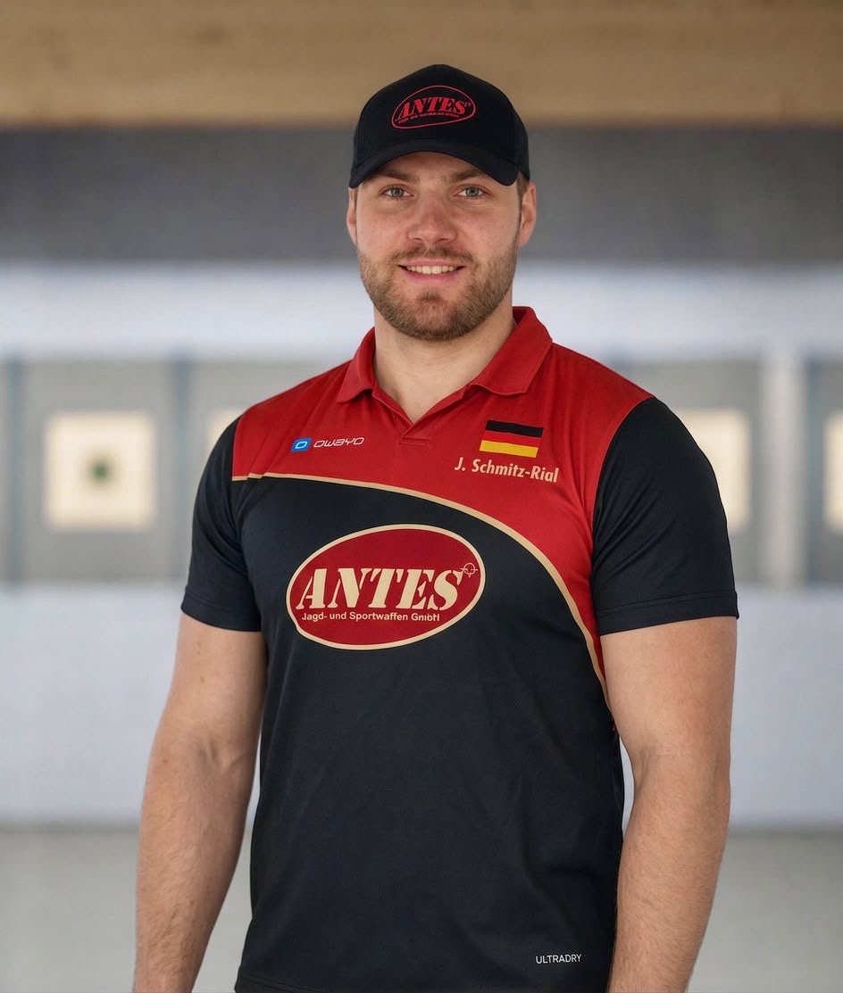 Julian Schmitz-Riol im Team-Antes-Trikot auf dem Schießstand